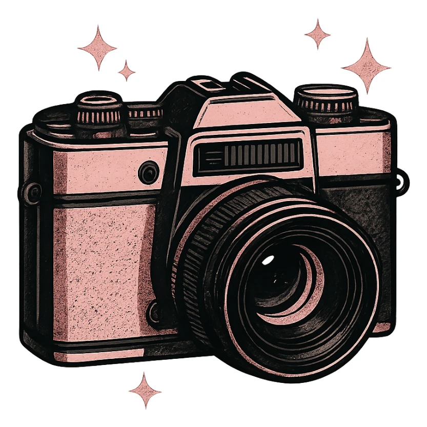 black and pink vintage camera with sparkles sticker