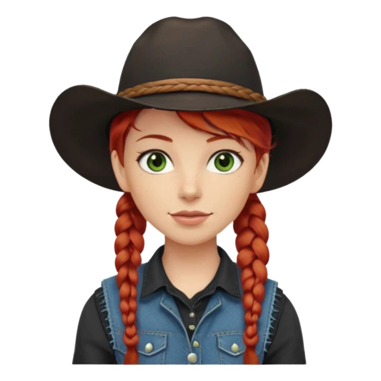 cowgirl with red hair in one braid over shoulder, green eyes, black hat  sticker