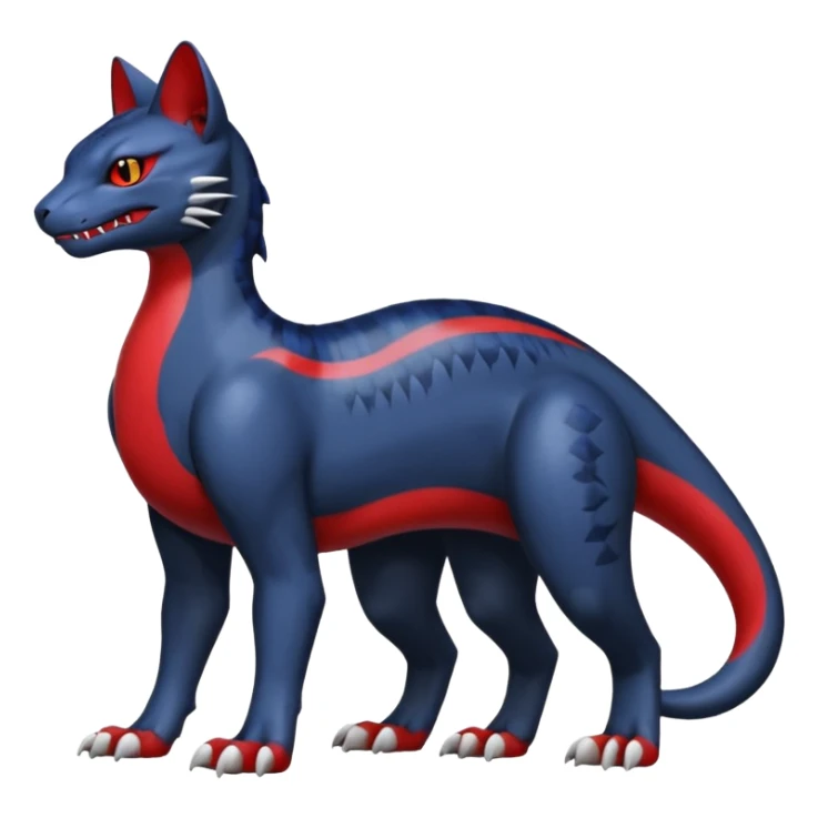 midnight blue-gray-black, with red markings, white belly, scaley Bastet-Liepard-Noibat-Gatomon-Garchomp-Digimon-Fakémon-Pokémon-creature (full body) sticker
