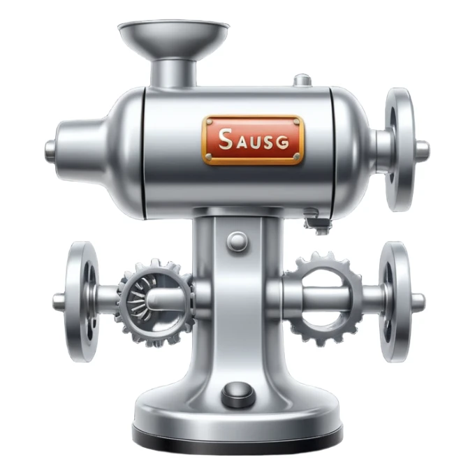 sausage-processing droid. retro-futuristic style. top is a circular industrial meat grinder with rotating gears and blades. Two robotic arms feed material into grinder. Sausage links extrude from the rear like  factory. The body is metallic, compact, and floats above the ground.no legs. Dark humor sticker