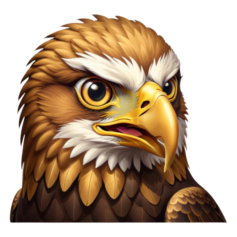 Cinematic Comical Golden Eagle Portrait Emoji, Head tilted dramatically with an exaggeratedly shocked expression, featuring a striking, broad-beaked form with wide, comically expressive eyes full of playful disbelief and richly textured golden feathers, Simplified yet hilariously expressive features, highly detailed, glowing with a slightly sassy amber glow, high shine, dramatic yet playful, stylized with an air of cheeky aerial mischief, soft glowing outline, capturing the essence of a meme-worthy golden eagle that looks ready to side-eye its way into viral fame! sticker