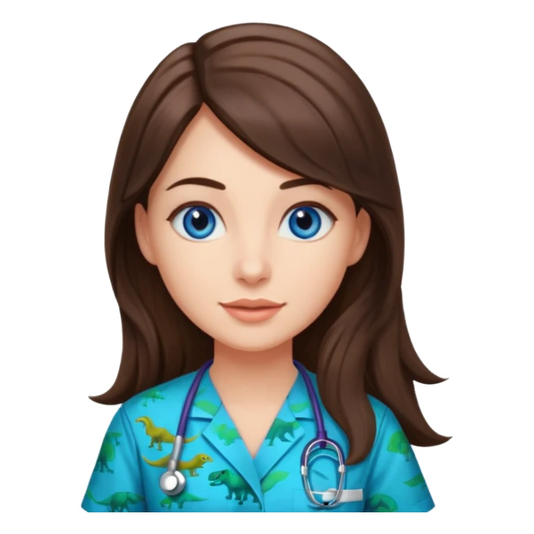 pretty brunette nurse with long hair and blue eyes in dinosaur pattern scrubs sticker