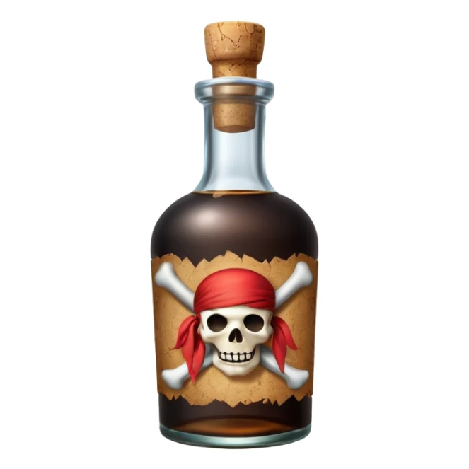 pirate rum bottle object icon, glass bottle, cork top, dark liquid inside, 3D cartoon, mobile game icon style, centered, clean background, no text, no watermark
 sticker