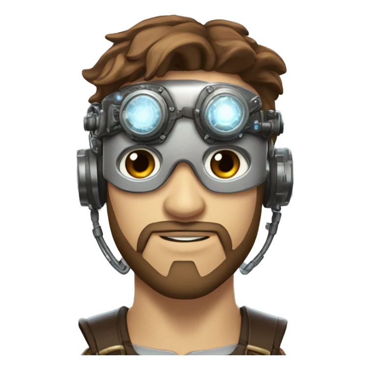 male cyborg head with brown short hair, brown beard, silver steampunk goggles and circuitry sticker