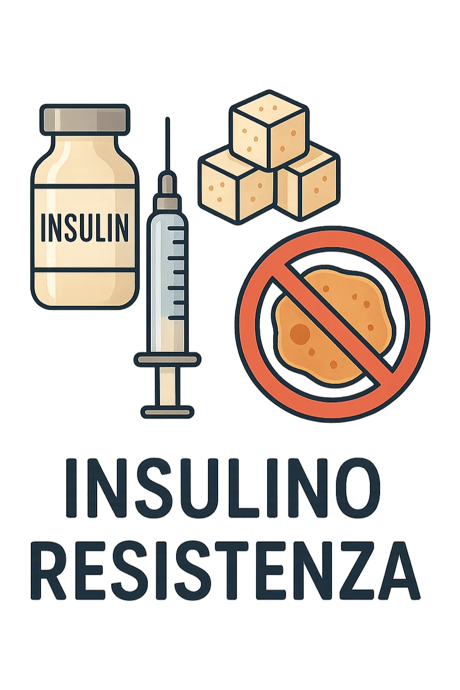 Create a realistic and clear icon of insulin resistance with no background and a 2:3 aspect ratio. Insert the Italian text 'Insulino Resistenza'. The symbol should include insulin, glucose, and a cell with a block or resistance sign, in a clean style. sticker