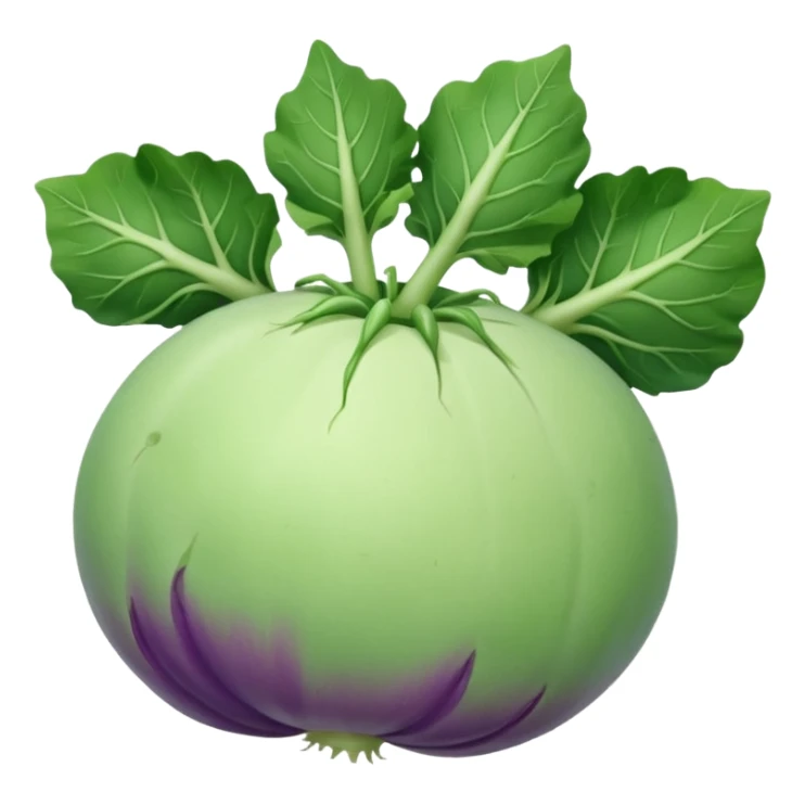 whole kohlrabi, round, slightly flattened, smooth pale green or light purple skin, a few short leafy stems at the top, firm with gentle bumps and faint lines, soft lighting, emoji scale sticker