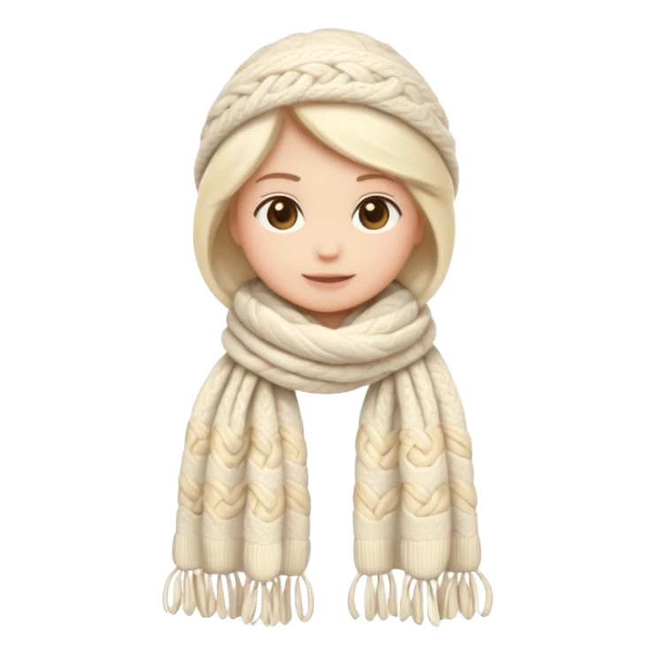 cute soft-matte emoji of an ivory scarf with thick cable-knit patterns, light beige accents, cozy and fluffy winter texture, gently folded shape, minimal details, warm and soft shading sticker