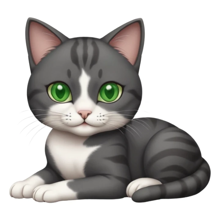 beautiful female solid dark grey cat with green eyes, white toes/paws and white patch on her chest rolling over sticker