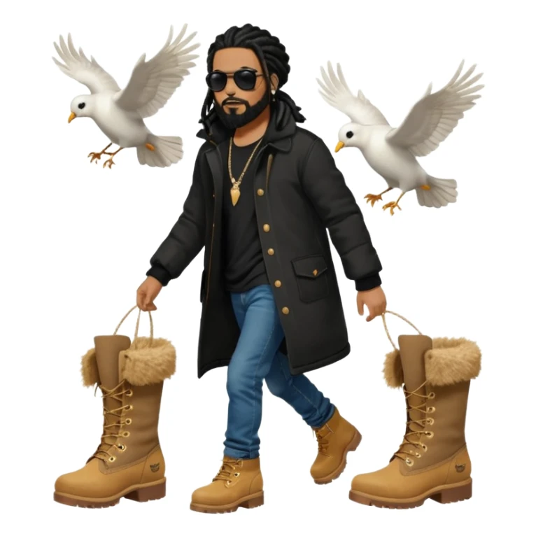 African American man with shoulder length black dreadlocks with black beard wearing black sunglasses wearing a black bubble winter coat wearing denim skinny jeans wearing wheat timberland boots walking with a white dove flying behind him sticker