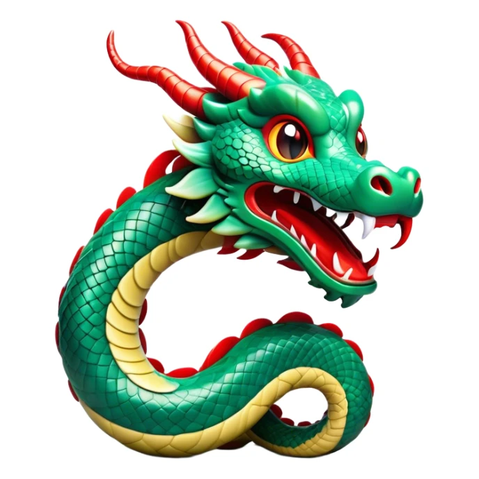 Cinematic Comical Chinese Serpent Dragon Portrait Emoji, Head tilted dramatically with an exaggeratedly amused expression, featuring a sleek, serpentine form adorned in luminous jade and vermilion scales interlaced with playful cloud and water accents; rendered with vibrant, lifelike textures and dynamic natural shadows, high shine, playful yet wise, styled with an air of cheeky ancient mystique, soft glowing outline, capturing the essence of a spirited and humorously enigmatic celestial dragon that looks ready to spiral into legendary lore! sticker
