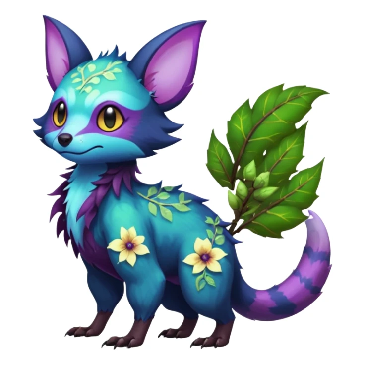 Realistic Sharp swampy mossy elemental ivy floral detailed Colorful translucent luminescent glowing Trico-Noibat-batty-Sergal-Furret-Ferret-Wolverine-Vernid-furry-fursona-fusion-Fakemon-animal-hybrid-creature, full body sticker