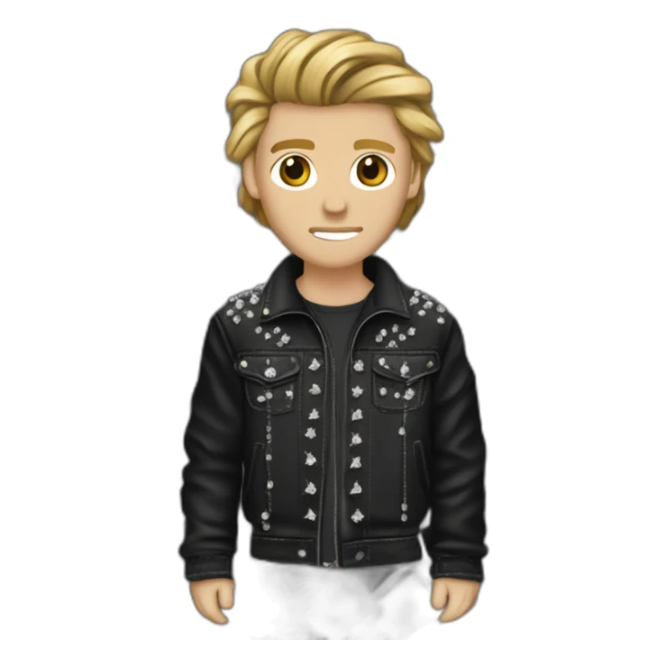 guy with brown-blonde hair wearing rhinestone jacket with barbed wire design, black fabric, rhinestone barbed wire design,  sticker