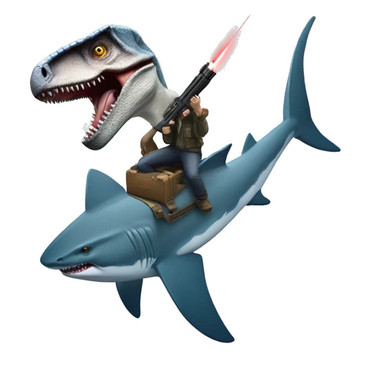 Velociraptor shooting laser guns while riding a great white shark sticker