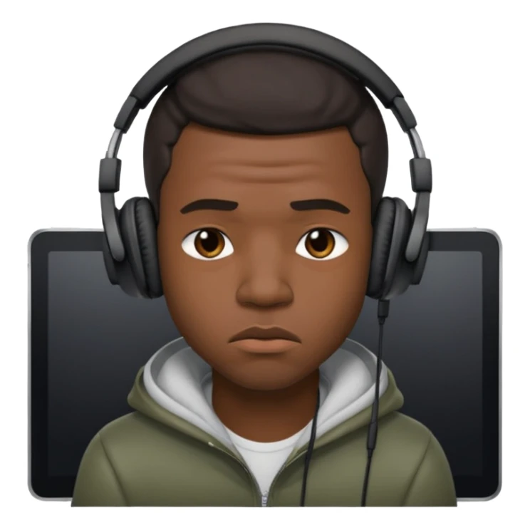 A 25-year-old black man with headphones on and pouting.Pout the lip sticker