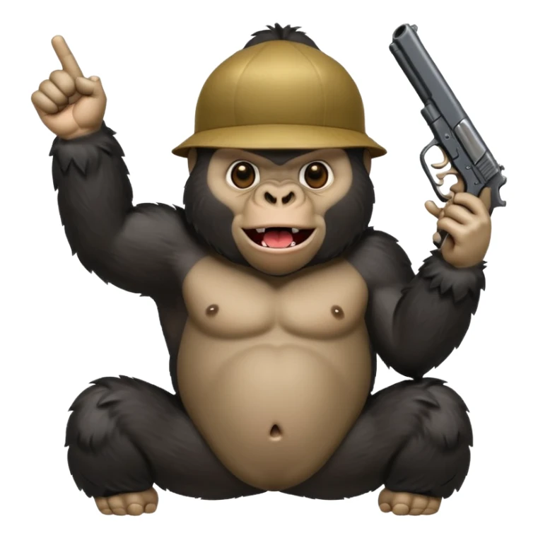 A gorilla holding a gun in the air making a silly face sticker
