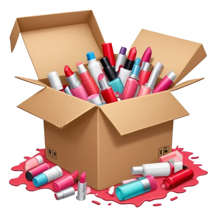 cardboard box bursting open with lipsticks, shampoo, and nail polish scattered everywhere, symbolizing disorganization sticker