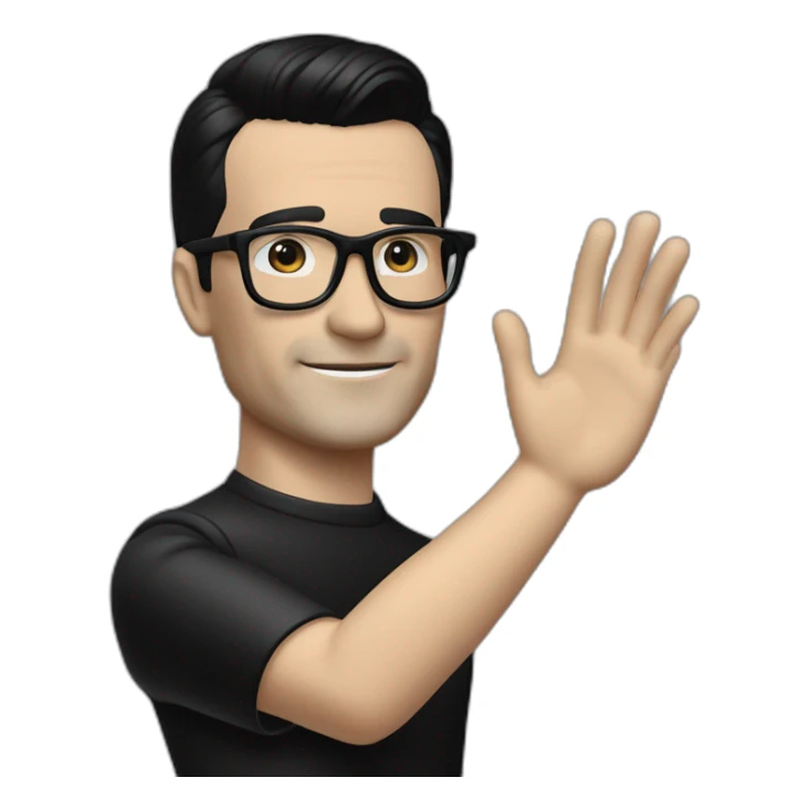 small photo realistic right arm waving Ralf Hutter from Kraftwerk, short straight black hair, Dark Brown eyes, black glasses, thin, black shirt, left side view sticker