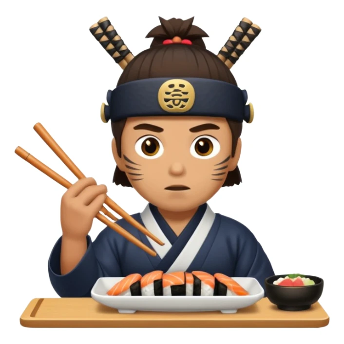 Man with wide eyes eating sushi in a samurai outfit sticker