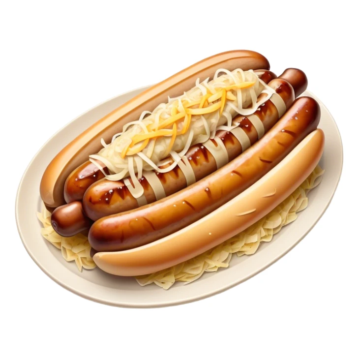 Bratwurst Cinematic Realistic Bratwurst Dish Emoji, depicted as a grilled bratwurst topped with a generous serving of shredded sauerkraut, rendered with rich textures and dynamic, appetizing lighting. sticker