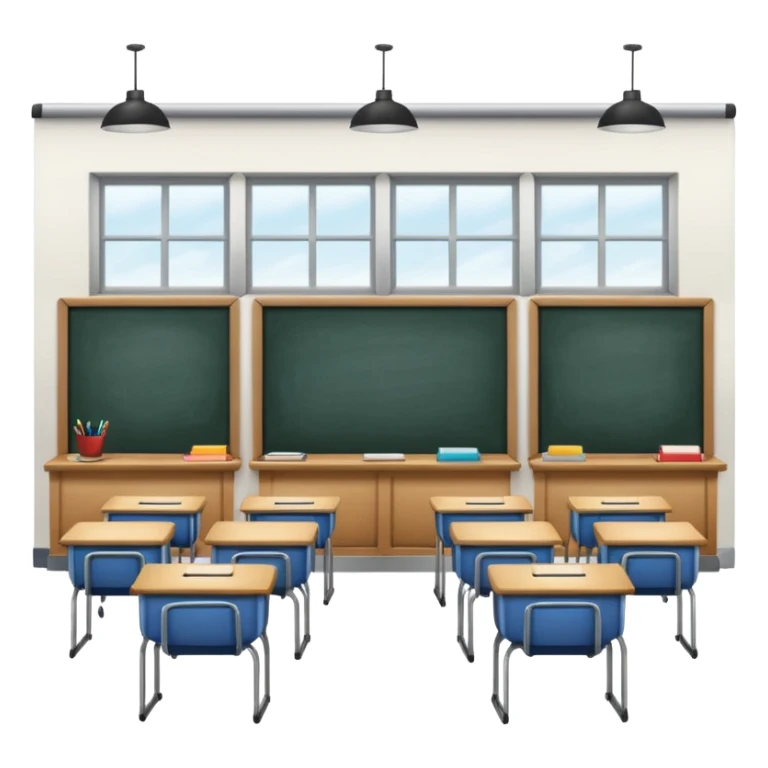 classroom with desks and a big blackboard, with windows sticker