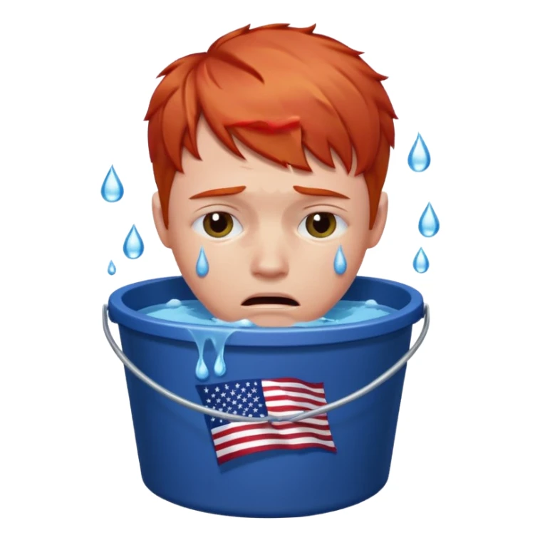 short red haired man crying into bucket with USA flag on it sticker
