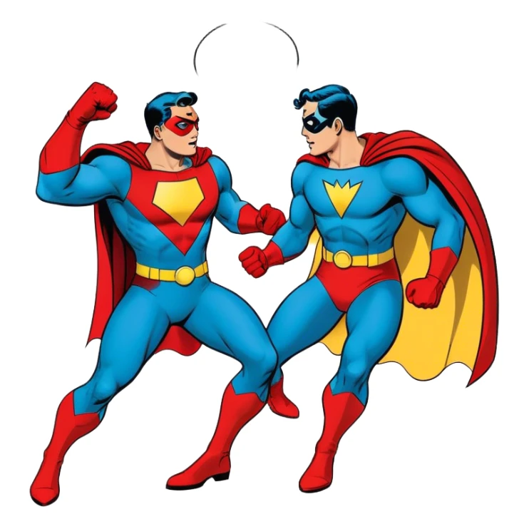 Vintage American comic book style, 2-3 overlapping panels, bold black outlines, halftone dots, retro color scheme (red, yellow, blue), dynamic action, speech bubbles, minimalistic design, on a white background. sticker