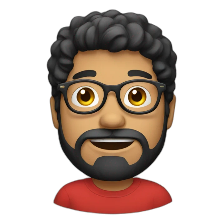 boy with black hair, round glasses, beard, red tshirt sticker