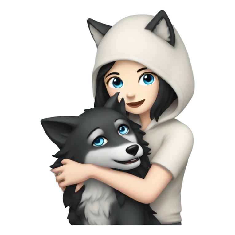 Girl with black hair pale skin blue eyes hugging a wolf  sticker
