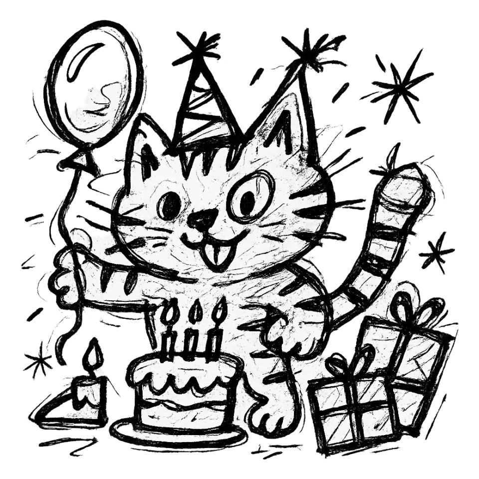 chaotic outlined icon of a playful kitten with stripes, birthday hat, holding a balloon, cake and presents scattered around sticker