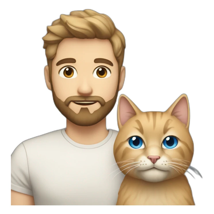 white man with beard dark hair blue eyes with a big fluffy beige cat sticker