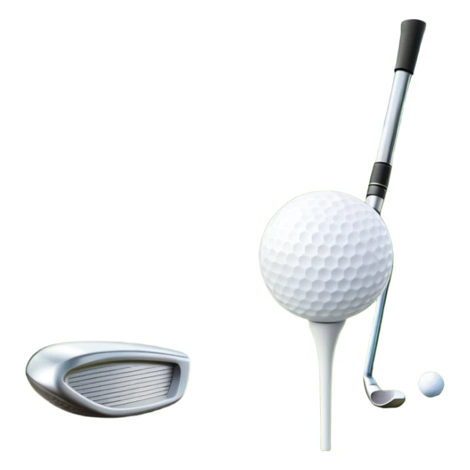 A golf ball on a tee with a golf club placed beside it, set against the backdrop of a well-manicured green golf course. The scene emphasizes the equipment and serene atmosphere of the sport, with soft lighting and a peaceful, open landscape sticker