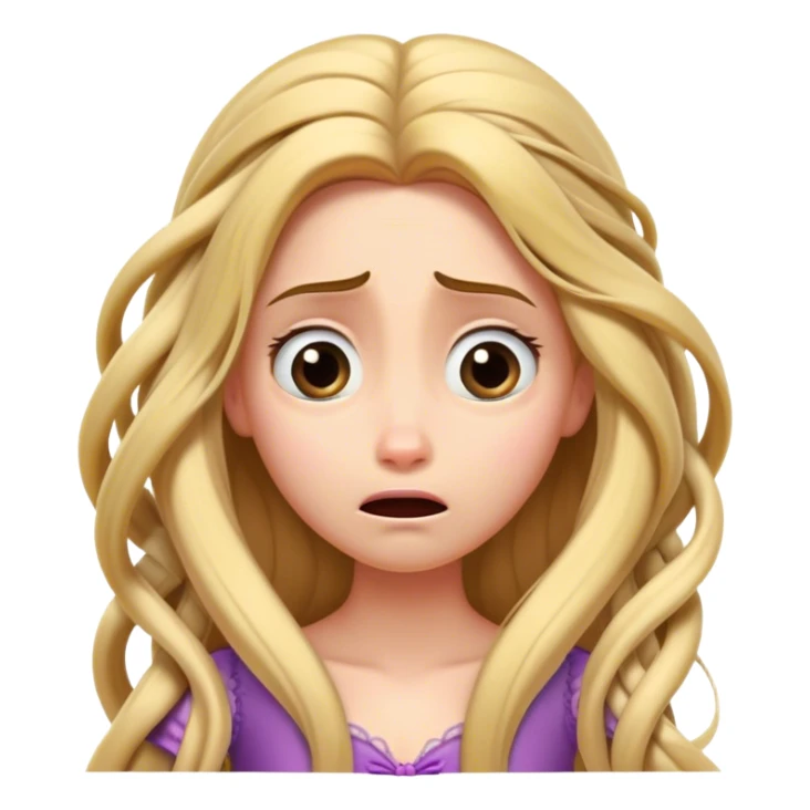 Cinematic Funny Rapunzel Portrait Emoji, Looking exhausted while tangled in her own hair, a dramatic sigh, eyes rolling with humorous exasperation, a hilariously relatable moment for the long-haired princess! sticker