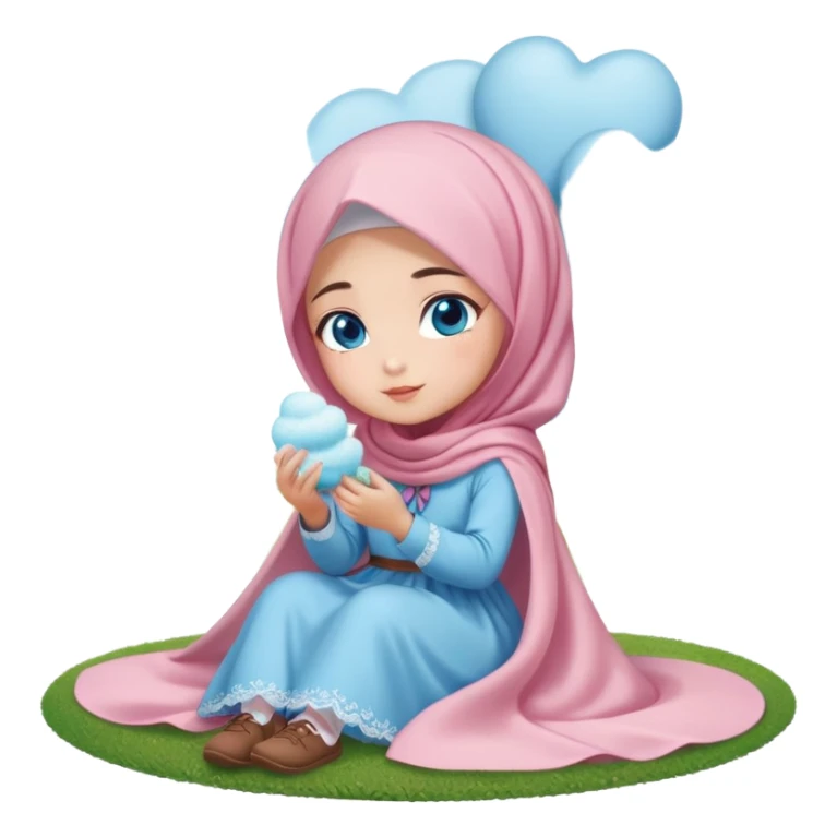 Turkish beautiful finish Konya girl blue eyes with cotton candy hijab long tail dress and sits on the grass on the ground and sends hearts with her hand  sticker