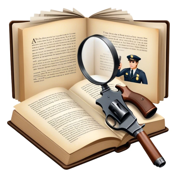 Icon for Action & Crime Reading: an open book with action-packed scenes on the pages, including detectives, chase scenes, and suspenseful moments. Add a gun, handcuffs, and a magnifying glass, while keeping the book as the main focus. Transparent background. sticker