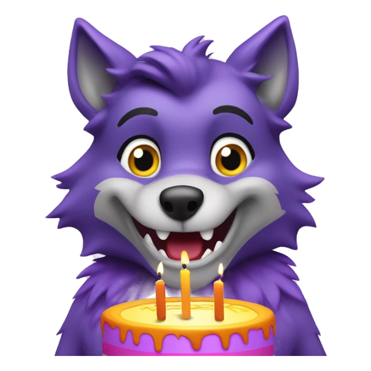 Purple, anthropomorphic wolf blowing out birthday candles sticker