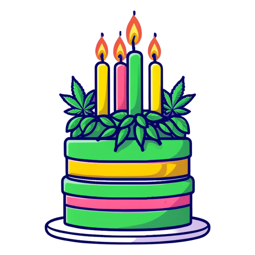 Festive birthday cake with cannabis leaf decorations and birthday candles sticker