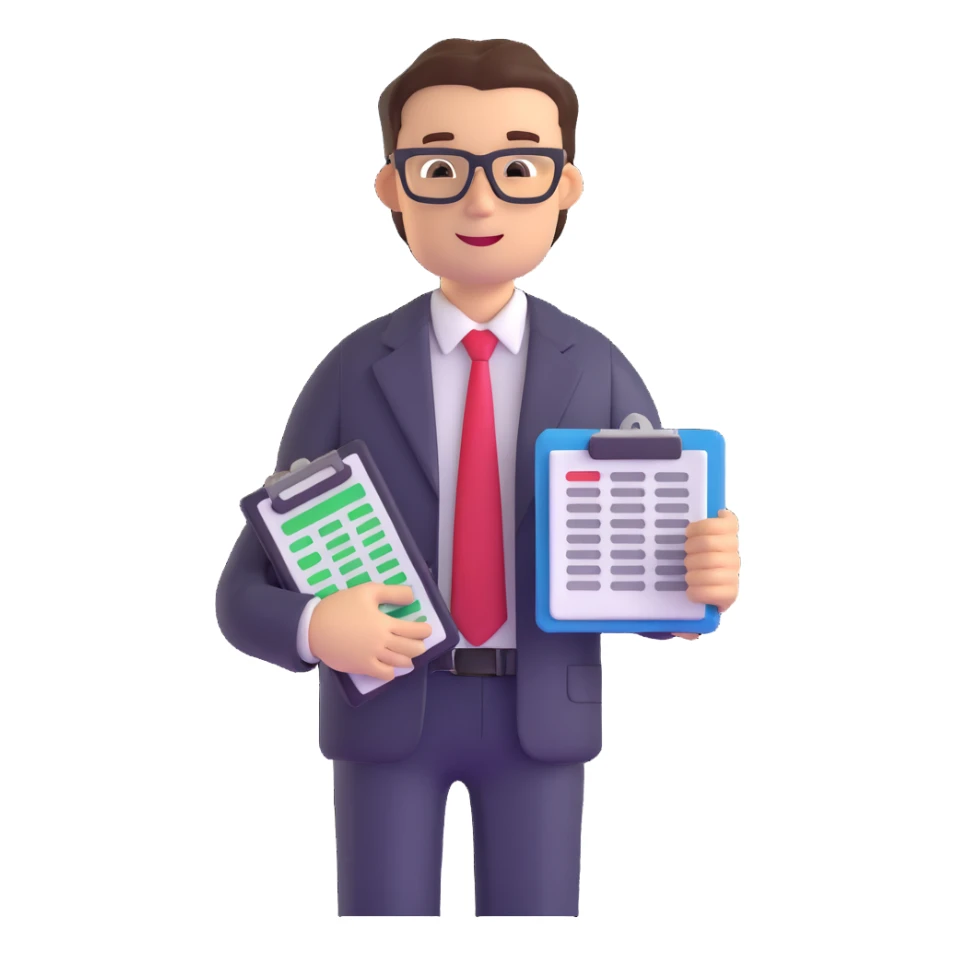 male accountant with spreadsheet, calculator and ledger sticker