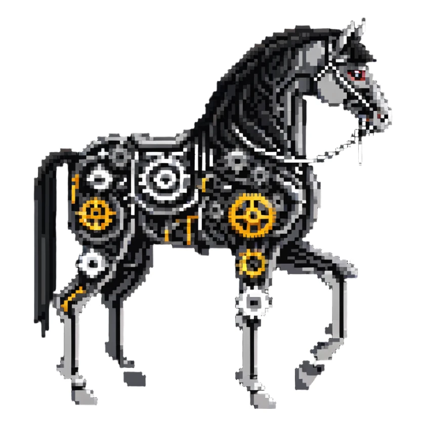 Horse constructed from mechanical parts, gears, cogs, wires, and ropes, steampunk aesthetic sticker