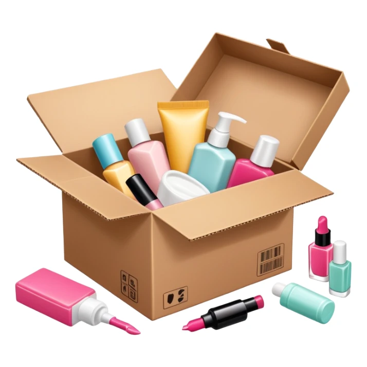 a cardboard box with assorted beauty products like compact, lotion, and nail polish spilling out sticker