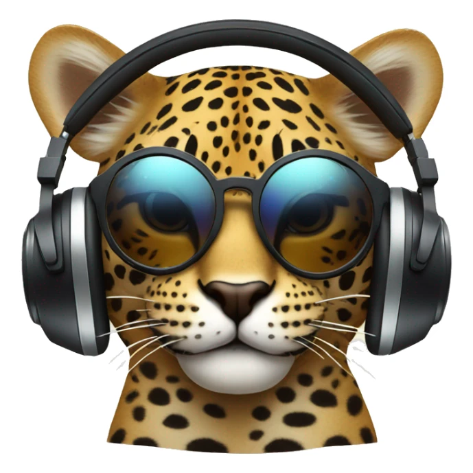 jaguar cat dj, cute emoji face, looking forward, wearing cool sunglasses, wearing over-ear headphones on top of head sticker
