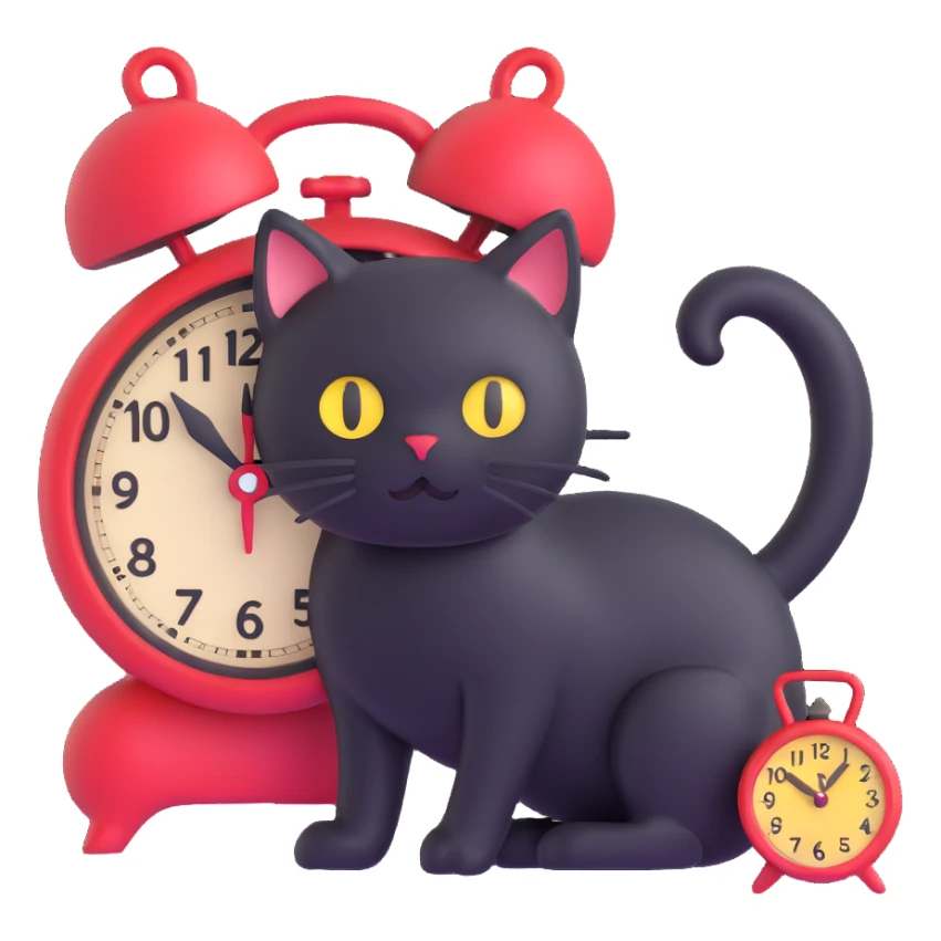 black cat waiting for salary looks at clocks sticker