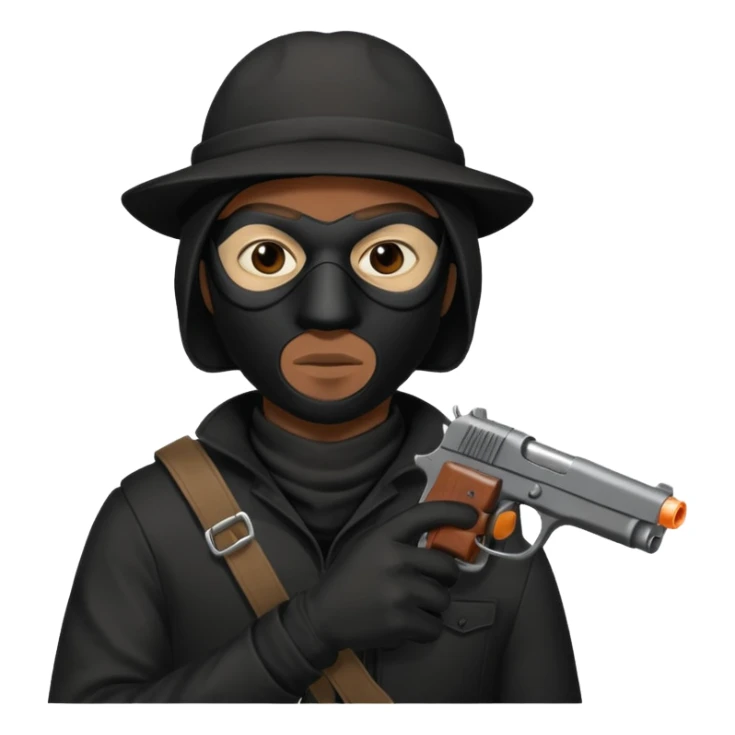 A black male in a robber mask with a gun sticker