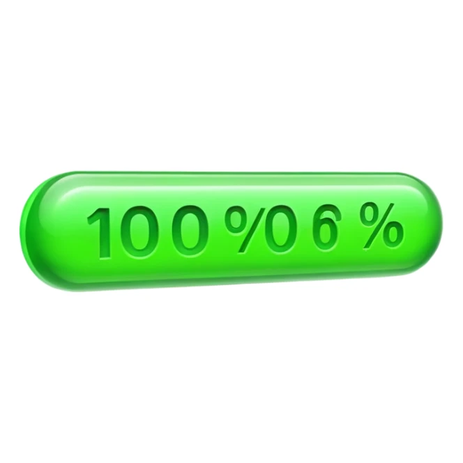 A 3D emoji of a horizontal progress bar filled 100% with bright green color, "100%" text floating above, sleek glass morphism style, professional UI design, white background. sticker