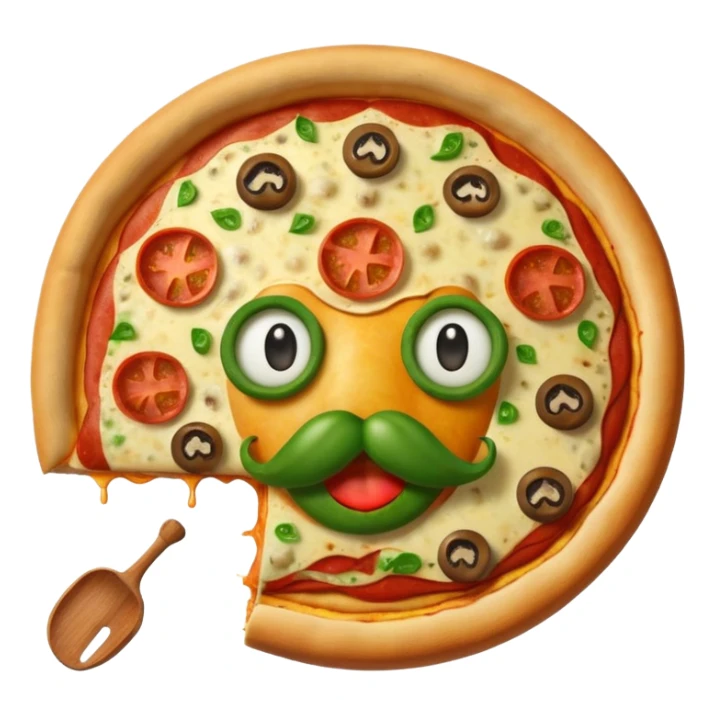 a  whole pizza with pepperonis from eyes and mushroom from the nose and green bell pepper from the mouth and mustache sticker