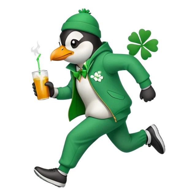 full body friendly anthropomorphised penguin wearing green mafia-style tracksuit, angry, running aggressively, shamrock accessory, no drink sticker