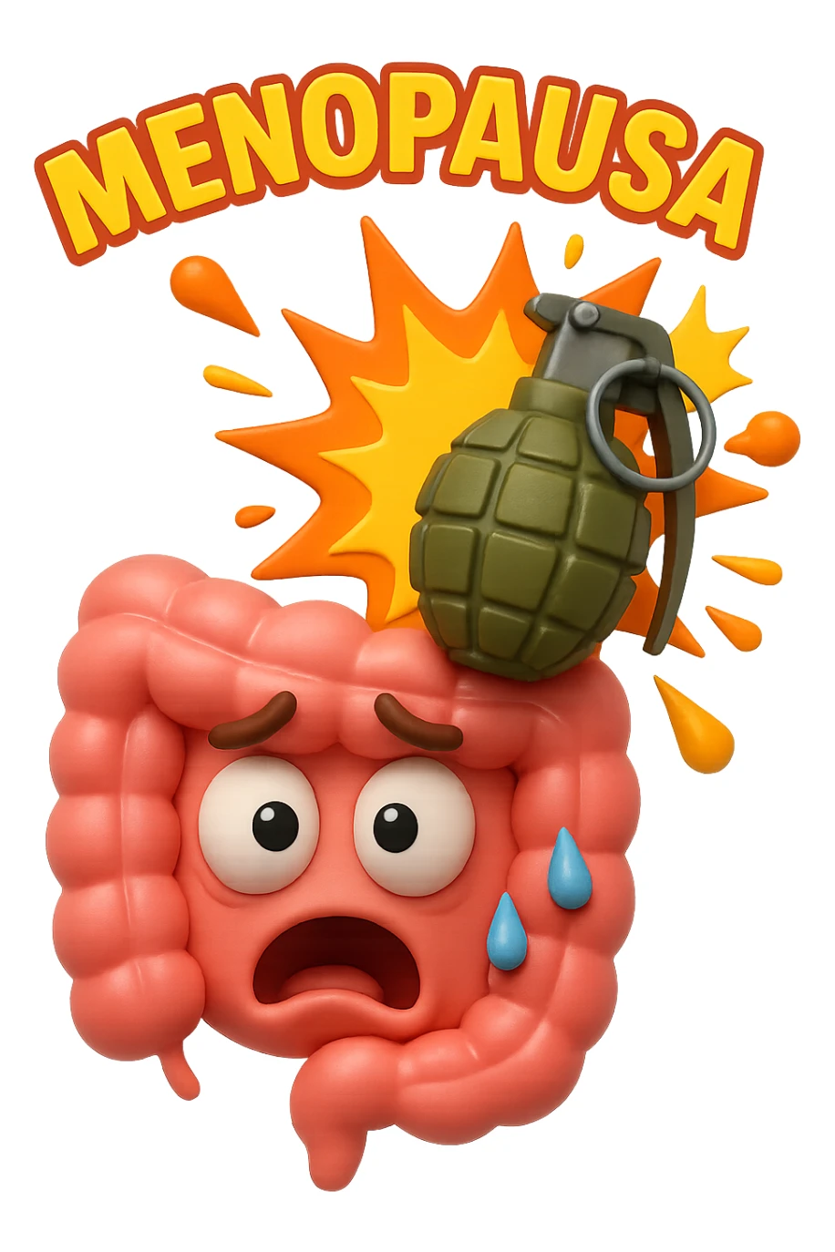 EMOJI STILE IPHONE 3D DI INTESTINO 3D CON ESPRESSIONE SPAVENTATA IN VOLTO MENTRE ACCANTO A LUI SCOPPIA UNA GRANATA 3D CON LA SCRITTA "MENOPAUSA" SOPRA, FAGLI ANCHE LA PARTE BIANCA DEGLI OCCHI, NON SOLO LA PUPILLA sticker