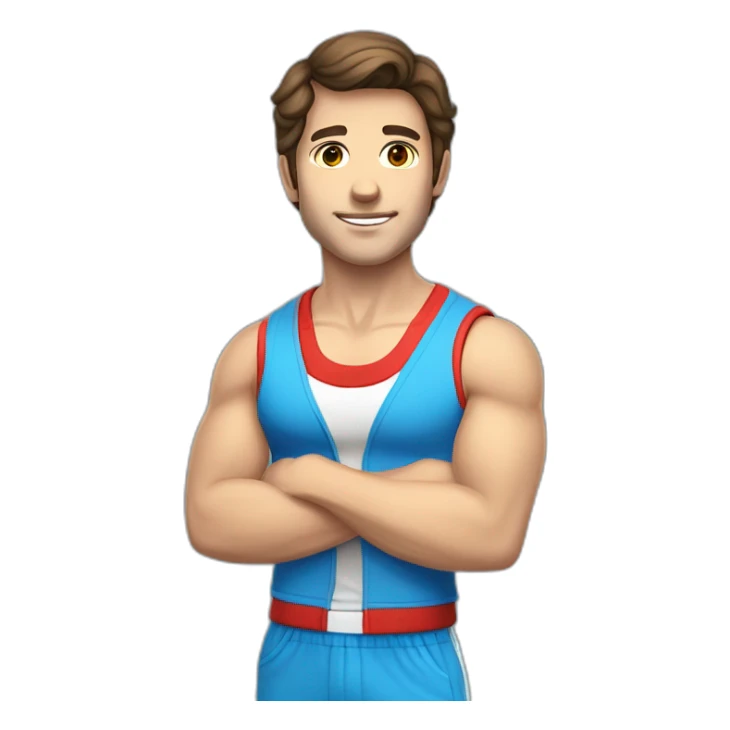 retro 70s blue and red gym clothes for a modern white brunette uni male student with glass sticker