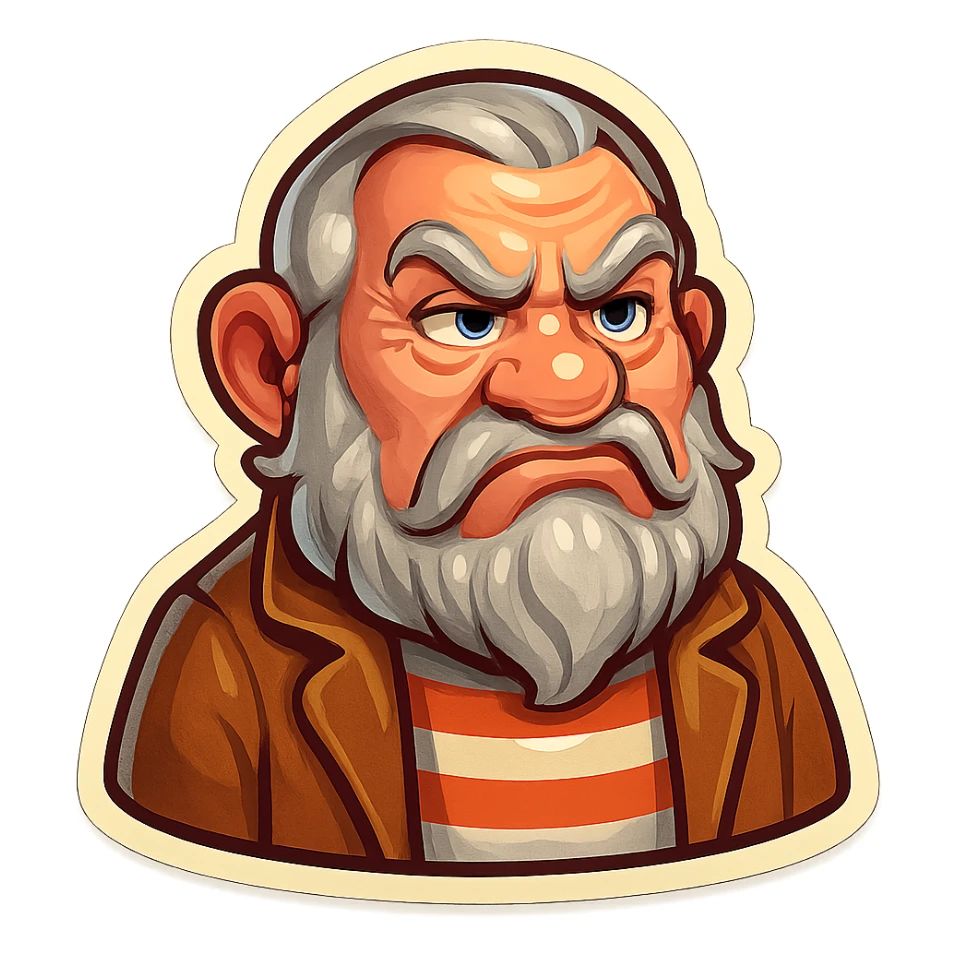 A dwarf with gray hair, a gray mustache, a gray beard, and gray eyebrows. He has blue eyes and wrinkles on his forehead. He is wearing a striped t-shirt and a brown jacket. The dwarf is displaying a disgust emotion. sticker