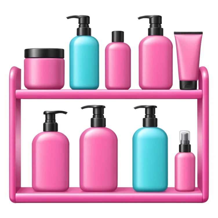 Shampoo bottle, color tube, and conditioner on a pink shelf sticker