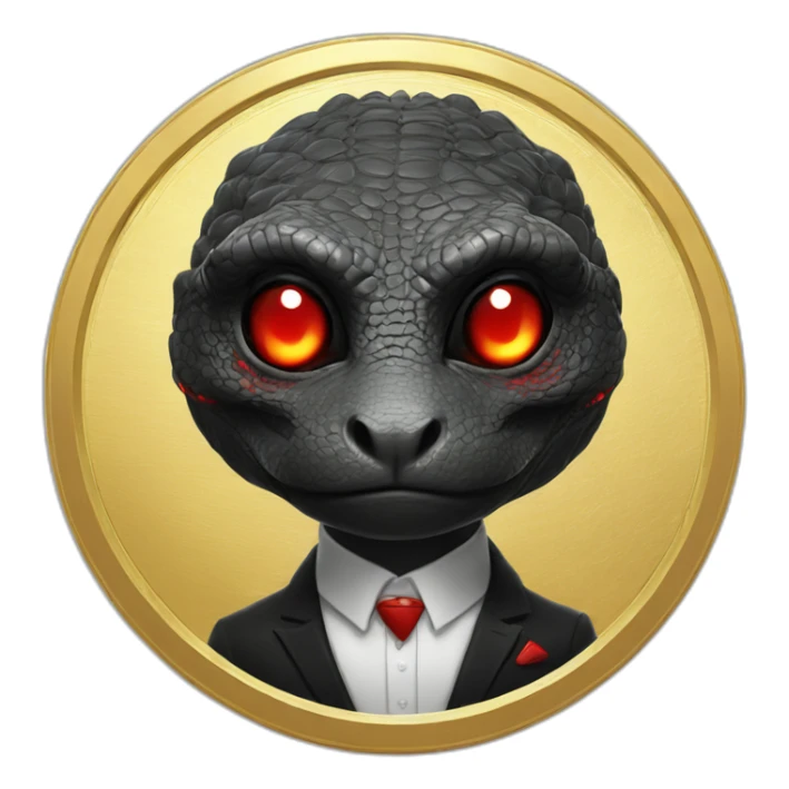Reptilian with red laser eyes in black suite on the golden coin sticker